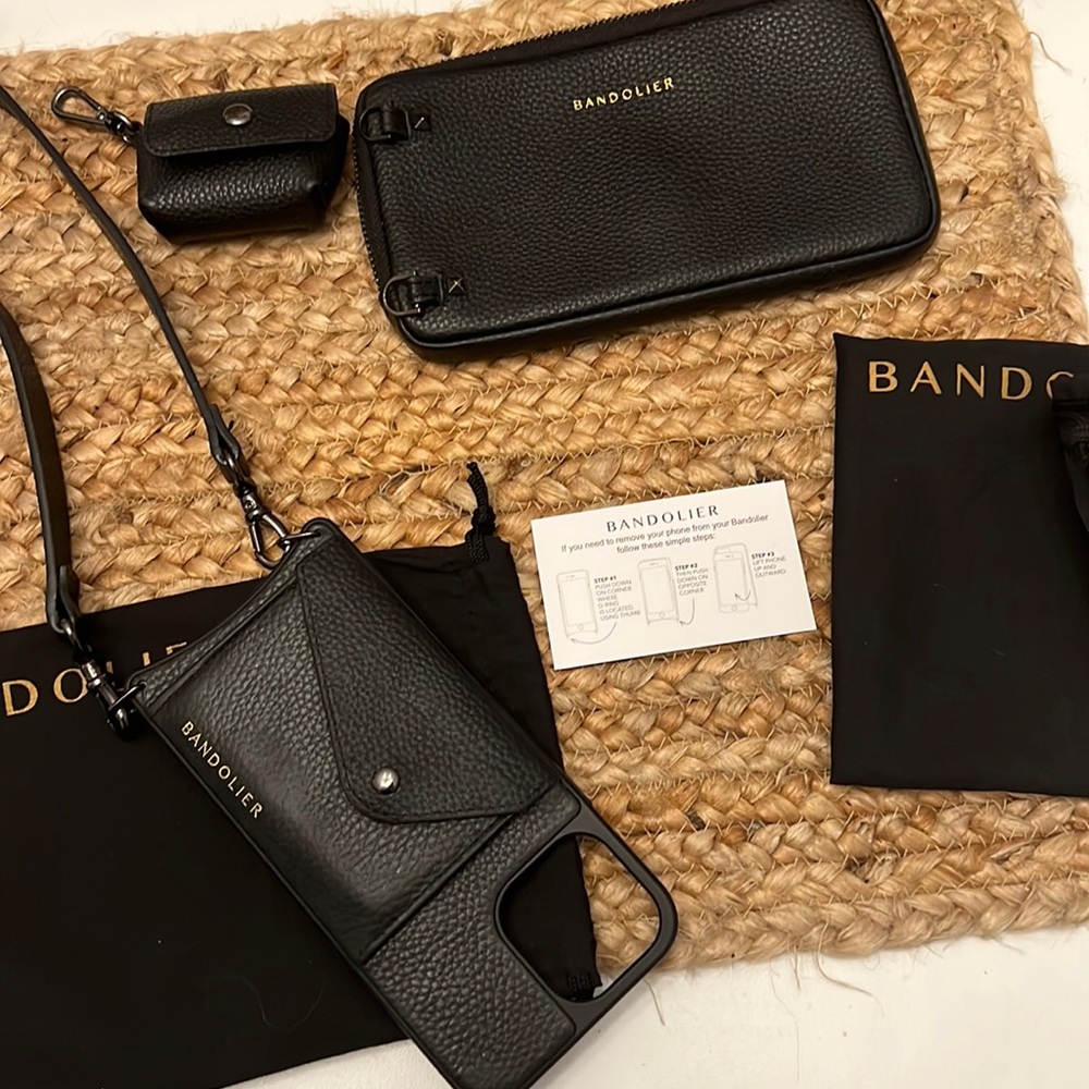 Bandolier Black Leather Crossbody Phone Case with Wallet & AirPods Holder